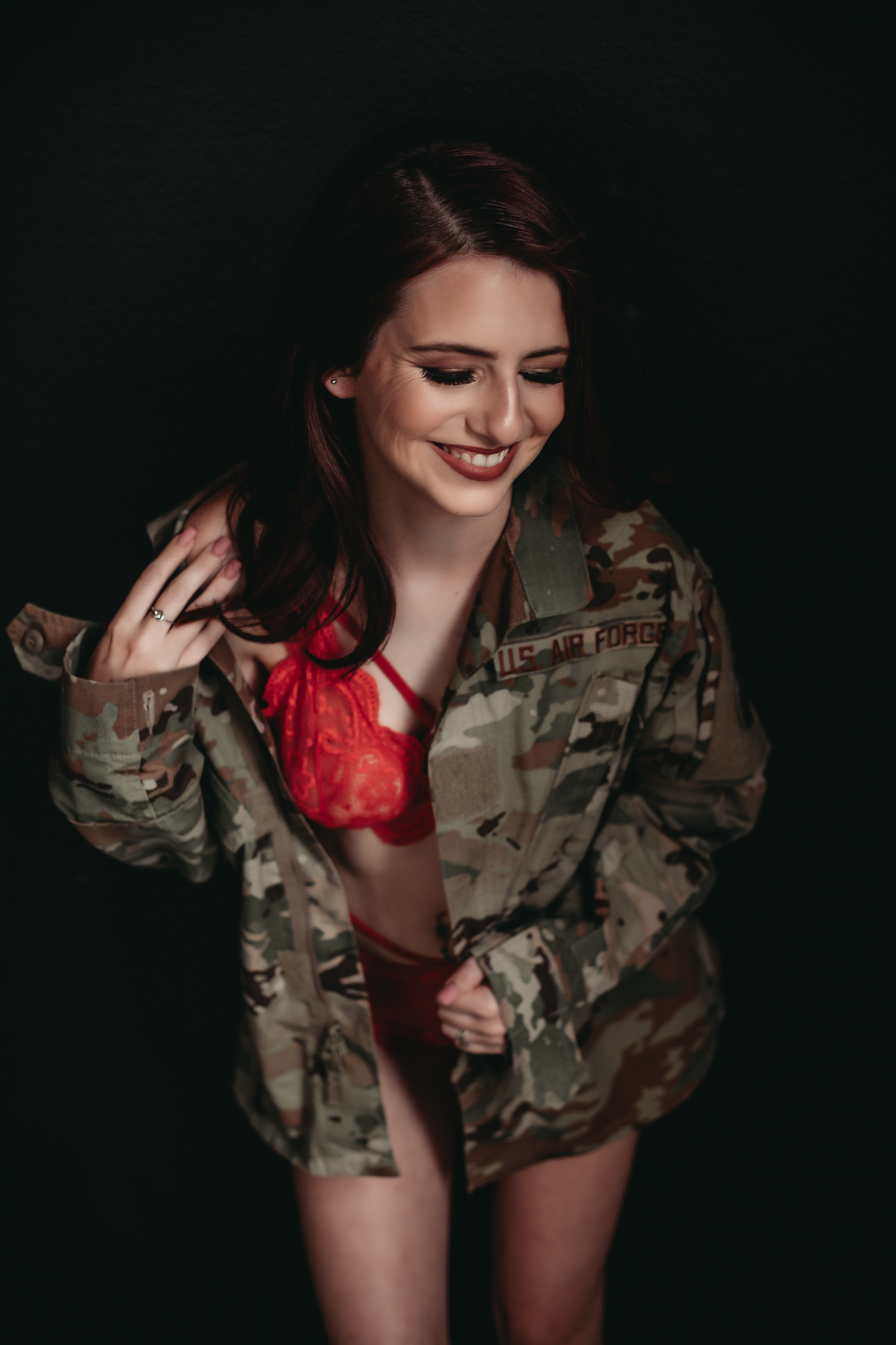 woman wearing military jacket